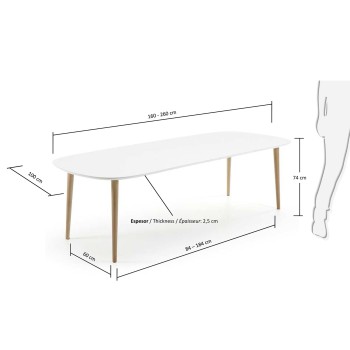 Oqui extendable table, white lacquered MDF, 100 natural legs, white lacquer