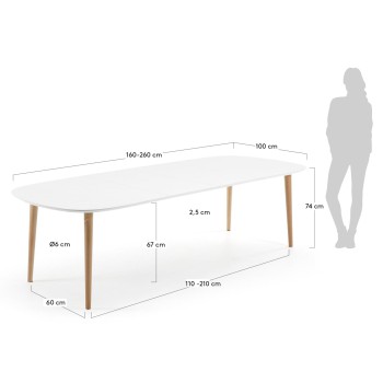 Oqui extendable table, white lacquered MDF, 100 natural legs, white lacquer