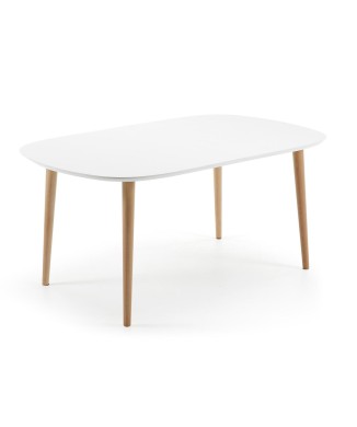 Oqui extendable table, white lacquered MDF, 100 natural legs, white lacquer
