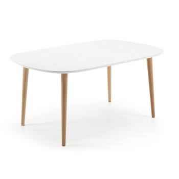Oqui extendable table, white lacquered MDF, 100 natural legs, white lacquer