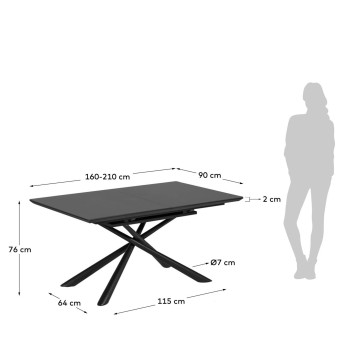 Theone extendable table in glass and steel legs with black finish 160 (210) x 90 cm