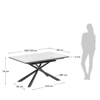Theone extendable table in white porcelain with black finish steel legs, 160 (210) x 90 cm