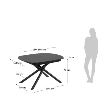 Yodalia extendable table in glass and steel legs, black finish, 130 (190) x 100 cm