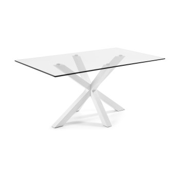 Argo glass table with steel legs and white finish, 180 x 100 cm