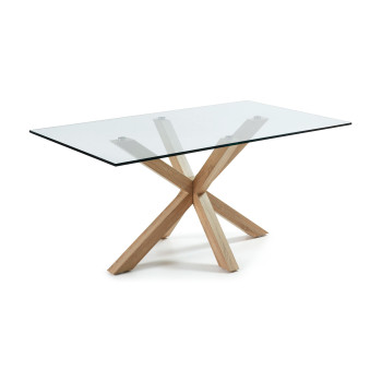 Argo glass table with wood-effect steel legs, 160 x 90 cm