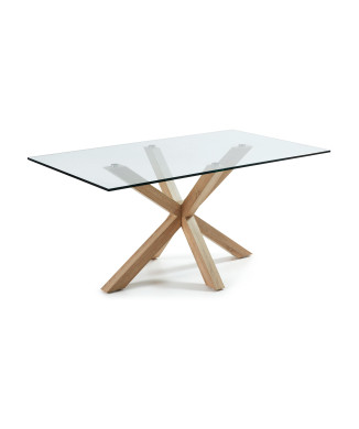 Argo glass table with wood-effect steel legs, 160 x 90 cm