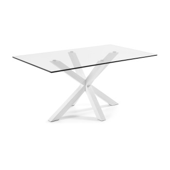 Argo glass table with steel legs, white finish, 160 x 90 cm