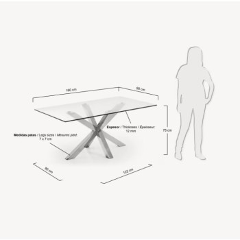 Argo glass table with stainless steel legs, 160 cm