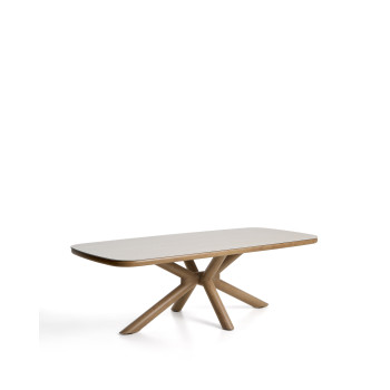 Mirtia outdoor table in wood-effect aluminum and ecru sintered stone, 240 x 110 cm