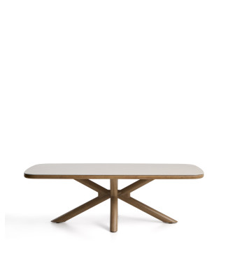 Mirtia outdoor table in wood-effect aluminum and ecru sintered stone, 240 x 110 cm