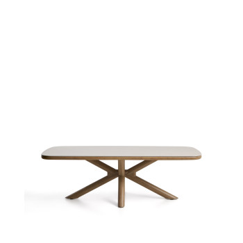 Mirtia outdoor table in wood-effect aluminum and ecru sintered stone, 240 x 110 cm