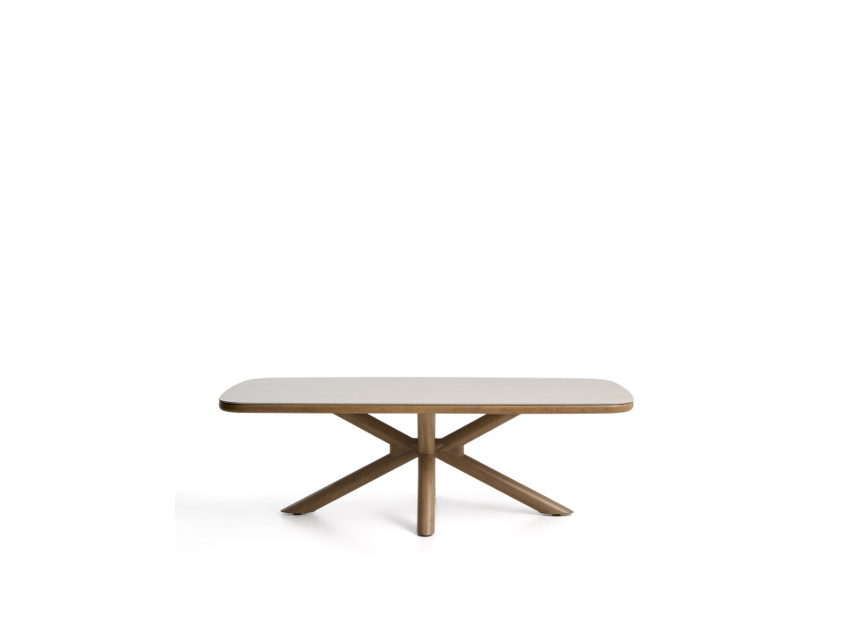 Mirtia outdoor table in wood-effect aluminum and ecru sintered stone, 240 x 110 cm