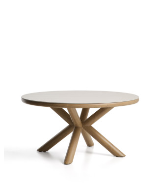 Mirtia outdoor table in wood-effect aluminum and ecru sintered stone, Ø 148 cm