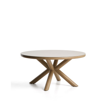 Mirtia outdoor table in wood-effect aluminum and ecru sintered stone, Ø 148 cm