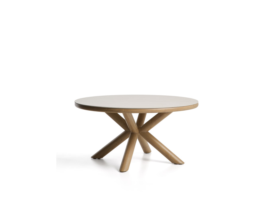Mirtia outdoor table in wood-effect aluminum and ecru sintered stone, Ø 148 cm