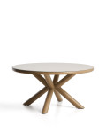 Mirtia outdoor table in wood-effect aluminum and ecru sintered stone, Ø 148 cm