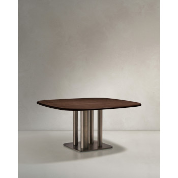 Melvar table in walnut veneer and legs with brushed stainless steel base 121 x 121 cm