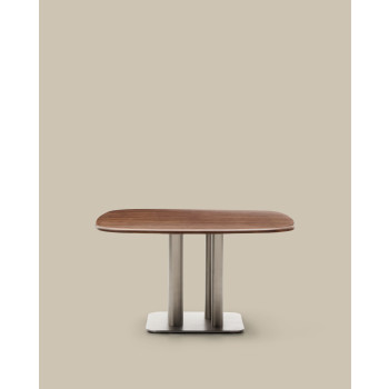 Melvar table in walnut veneer and legs with brushed stainless steel base 121 x 121 cm