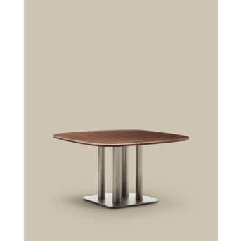 Melvar table in walnut veneer and legs with brushed stainless steel base 121 x 121 cm