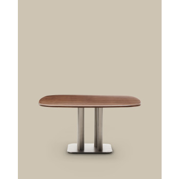 Melvar table in walnut veneer and legs with brushed stainless steel base 150 x 150 cm