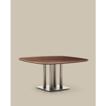 Melvar table in walnut veneer and legs with brushed stainless steel base 150 x 150 cm