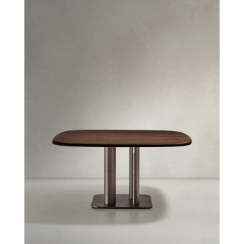 Melvar table in walnut veneer and legs with brushed stainless steel base 150 x 150 cm