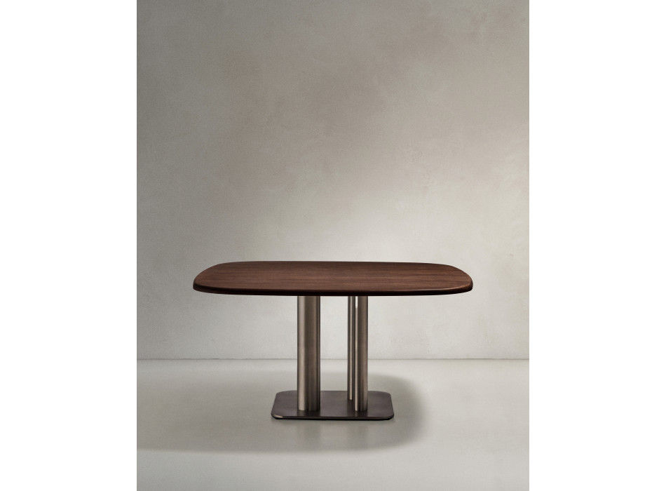 Melvar table in walnut veneer and legs with brushed stainless steel base 150 x 150 cm