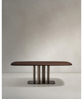 Melvar table in walnut veneer and legs with brushed stainless steel base 220 x 110 cm