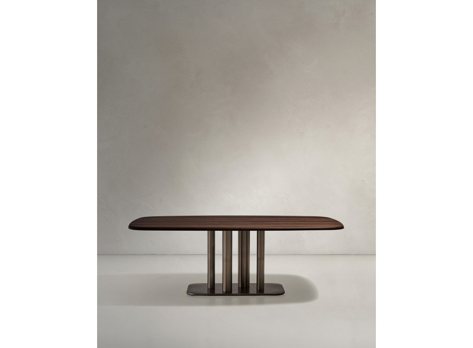 Melvar table in walnut veneer and legs with brushed stainless steel base 220 x 110 cm