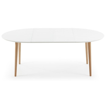 Oqui extendable oval table, white lacquered MDF, solid beech legs, 120 (200) x 90cm