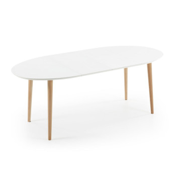 Oqui extendable oval table, white lacquered MDF, solid beech legs, 120 (200) x 90cm