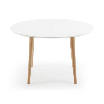 Oqui extendable oval table, white lacquered MDF, solid beech legs, 120 (200) x 90cm