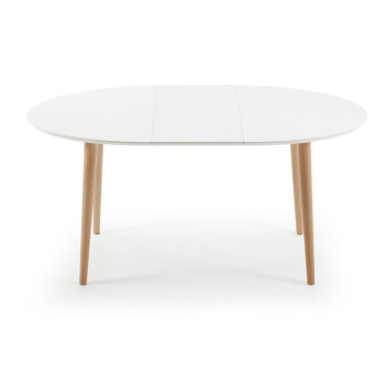 Oqui extendable oval table, white lacquered MDF, solid beech legs, 120 (200) x 90cm