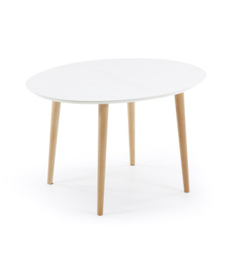 Oqui extendable oval table, white lacquered MDF, solid beech legs, 120 (200) x 90cm