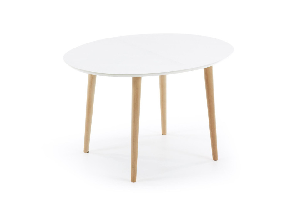 Oqui extendable oval table, white lacquered MDF, solid beech legs, 120 (200) x 90cm