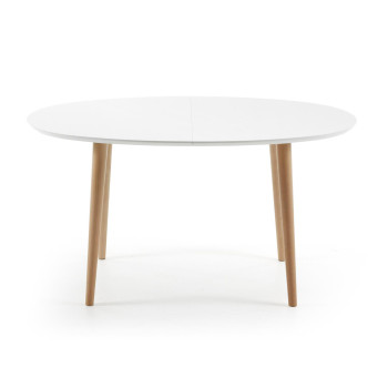 Oqui extendable oval table, white lacquered MDF, solid beech legs, 140 (220) x 90cm