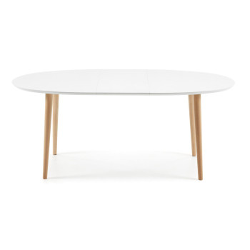 Oqui extendable oval table, white lacquered MDF, solid beech legs, 140 (220) x 90cm