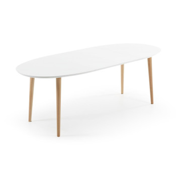 Oqui extendable oval table, white lacquered MDF, solid beech legs, 140 (220) x 90cm