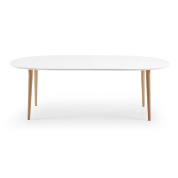 Oqui extendable oval table, white lacquered MDF, solid beech legs, 140 (220) x 90cm