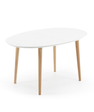 Oqui extendable oval table, white lacquered MDF, solid beech legs, 140 (220) x 90cm