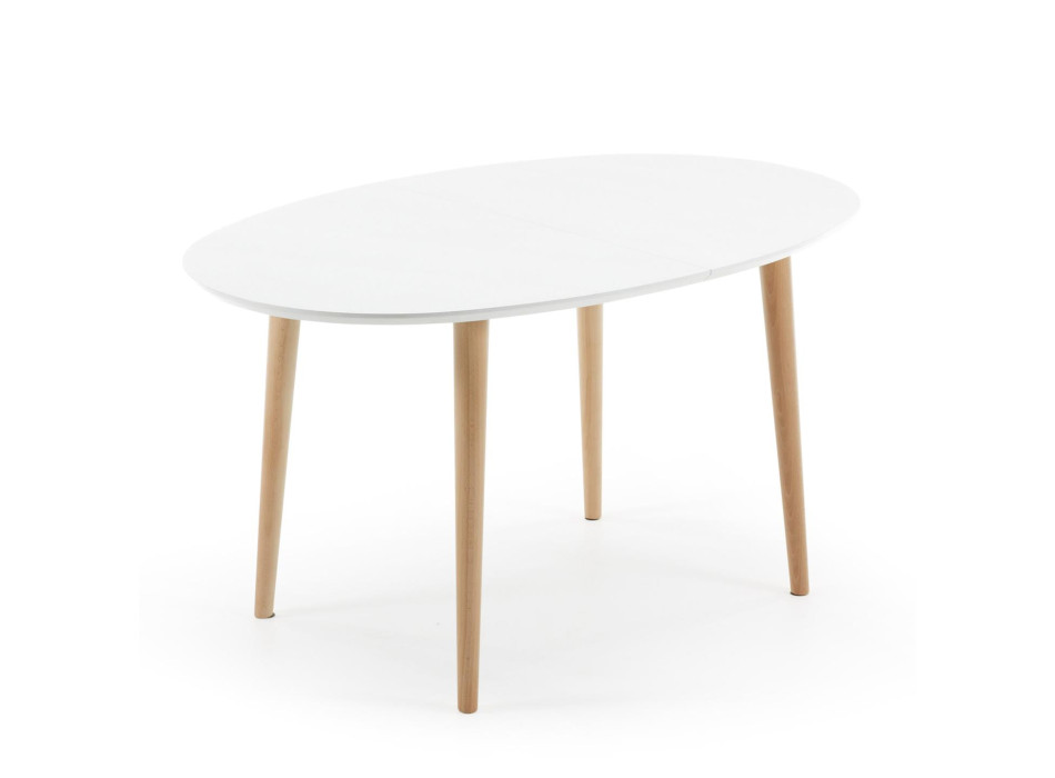 Oqui extendable oval table, white lacquered MDF, solid beech legs, 140 (220) x 90cm