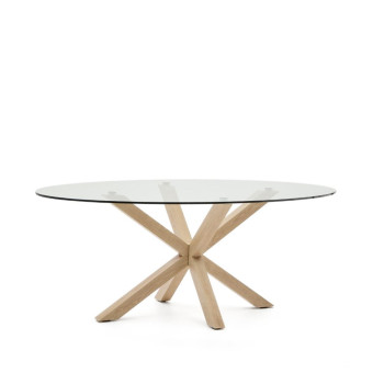 Argo oval glass table with wood-effect steel legs