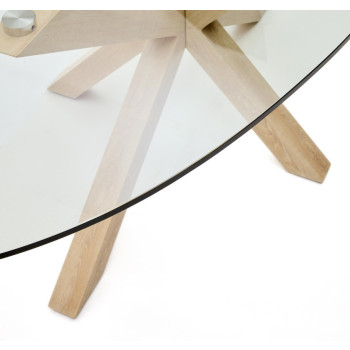 Argo oval glass table with wood-effect steel legs