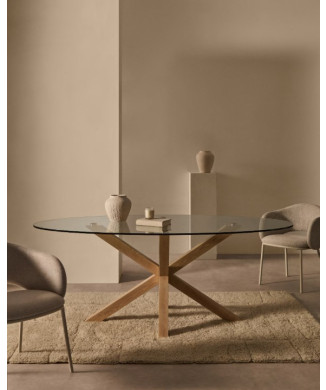 Argo oval glass table with wood-effect steel legs