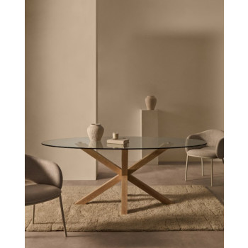 Argo oval glass table with wood-effect steel legs
