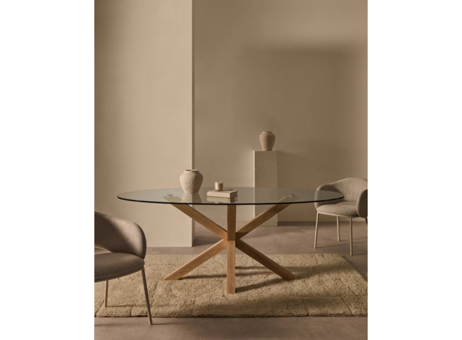 Argo oval glass table with wood-effect steel legs