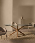 Argo oval glass table with wood-effect steel legs