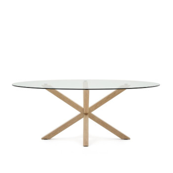 Argo oval glass table with wood-effect steel legs