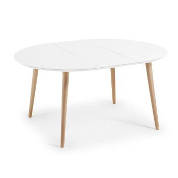 Oqui extendable round table, white lacquered MDF, solid beech legs, 120(200)x120cm