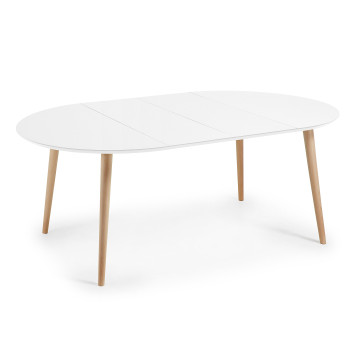 Oqui extendable round table, white lacquered MDF, solid beech legs, 120(200)x120cm